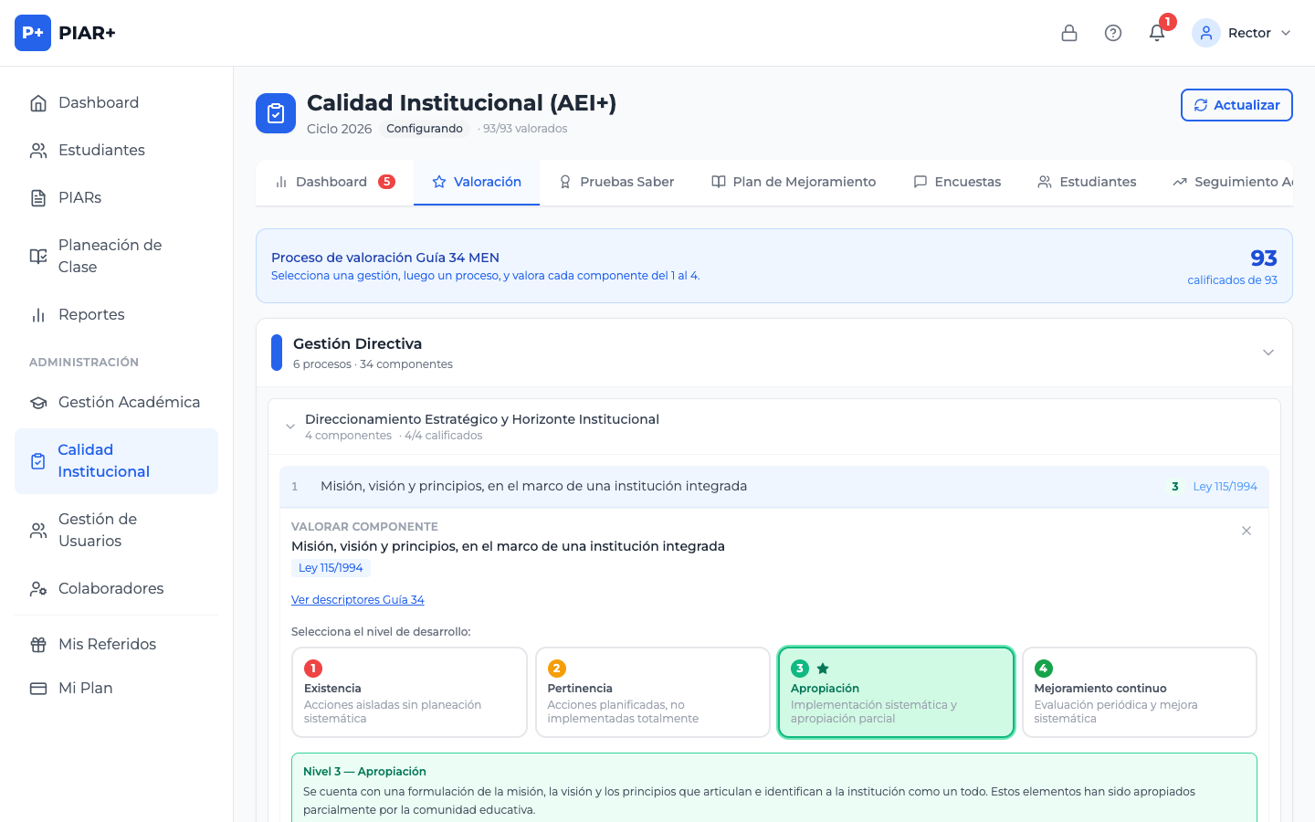 Formulario para valorar un componente con los cuatro niveles de desarrollo y un campo de observación