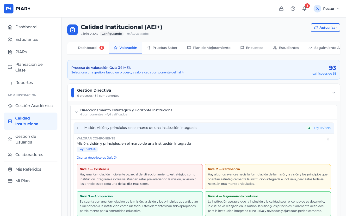 Descriptores oficiales de la Guía 34 dentro de la plataforma, con la descripción de cada uno de los cuatro niveles de desarrollo