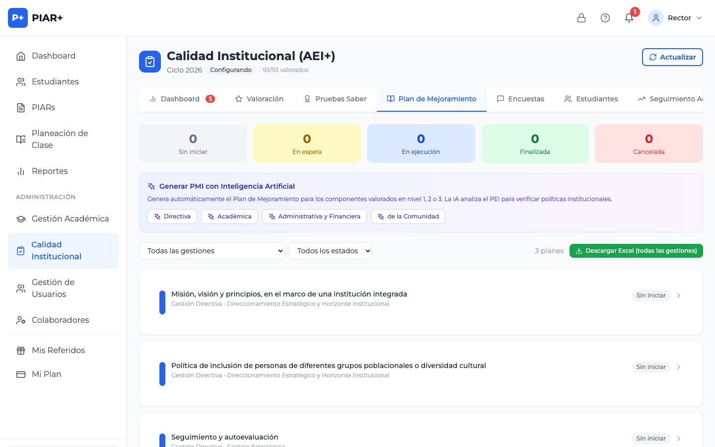 Pestaña de Plan de Mejoramiento con los planes por área, la opción de generar con IA y la descarga en Excel
