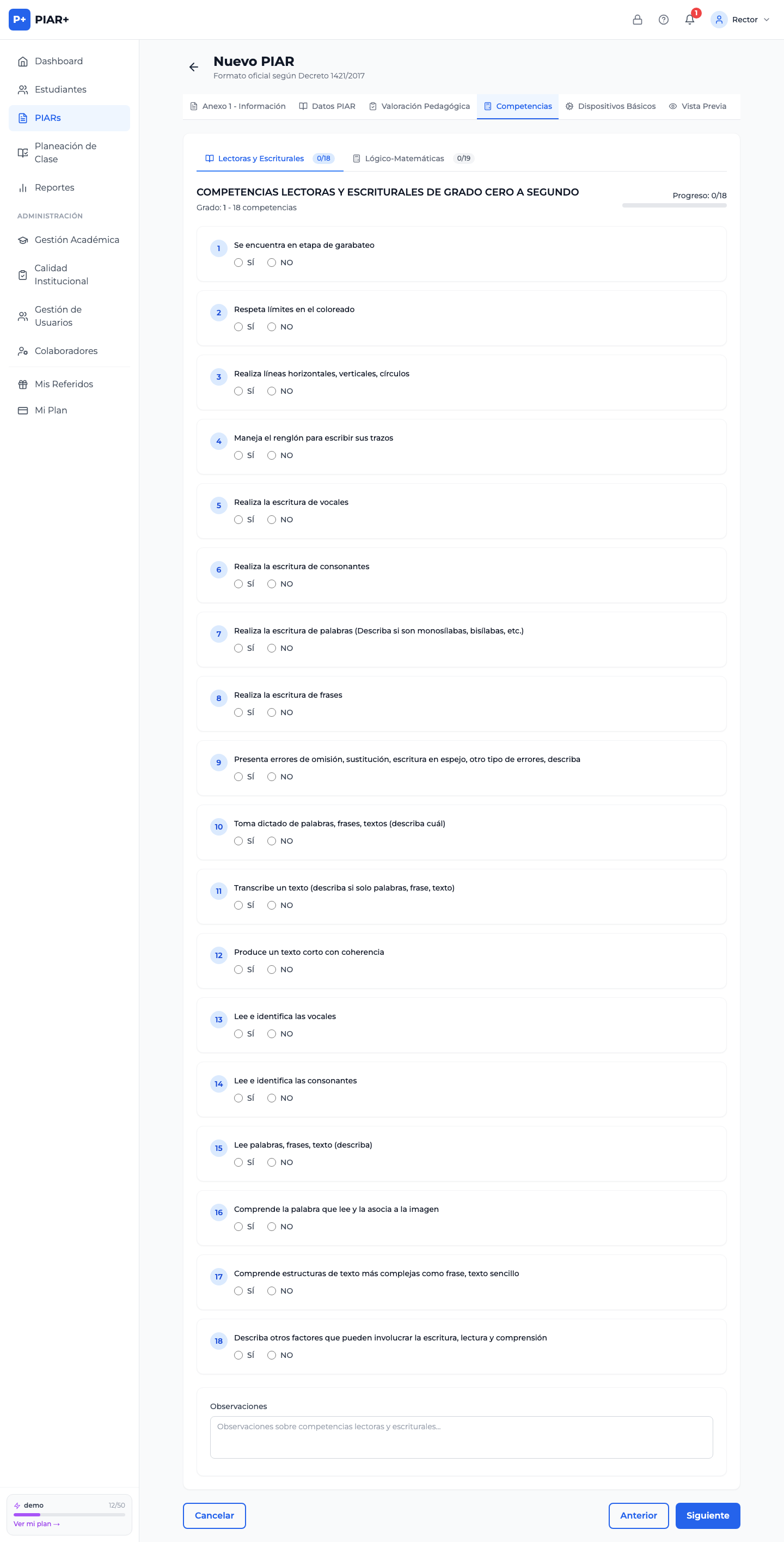 Pestaña de Competencias con el nivel de logro por área curricular para el grado del estudiante