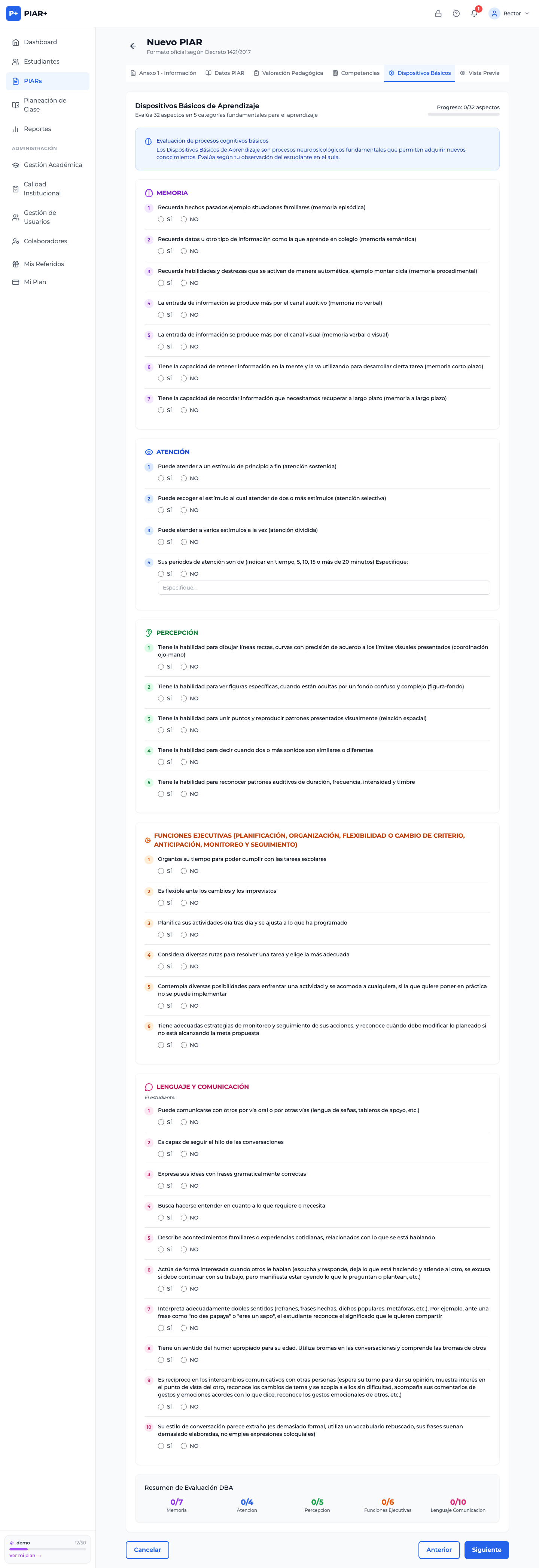 Pestaña de Dispositivos Básicos de Aprendizaje con evaluación de atención, memoria y motivación
